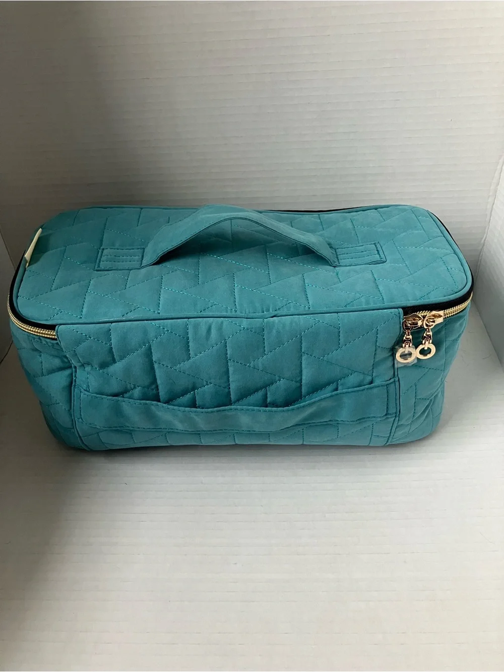 Quilted Teal Cosmetic Travel Case with Gold Zipper Compartments Brush Organizer